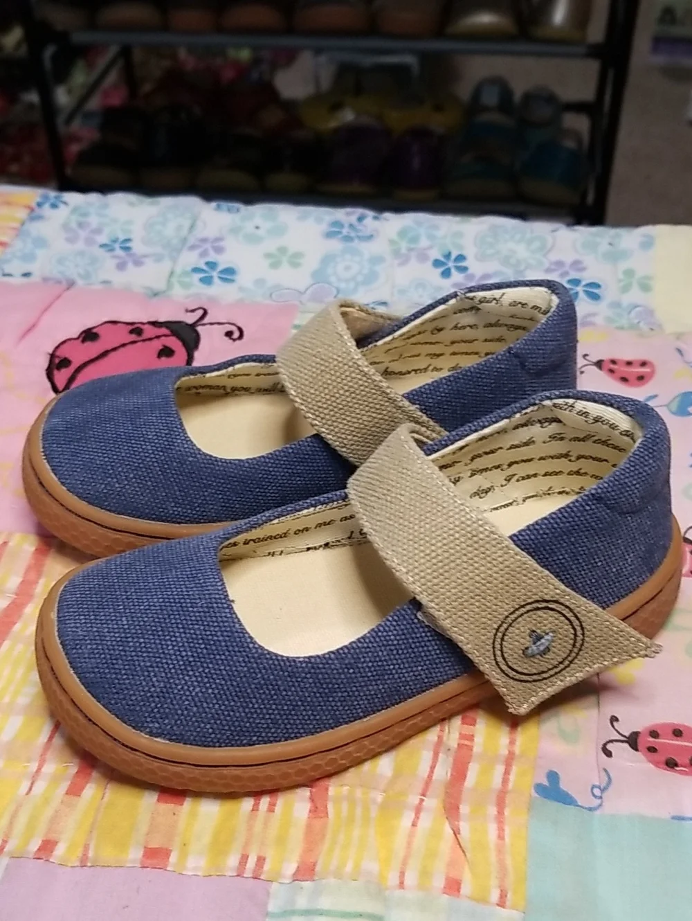 Livie & Luca Blue Canvas Mary Janes with Tan Strap Size 7 Carta II